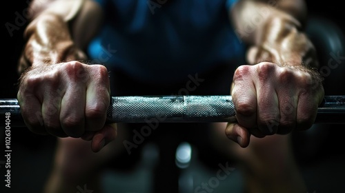 Conceptual image of a close-up of hands gripping a barbell on a bench press, illustrating focus and effort