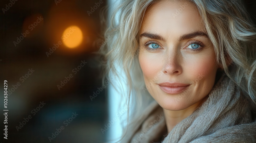 mature woman with a gentle smile framed by soft natural light filtering through a window her minimal makeup enhancing her natural beauty a cozy atmosphere surrounds her mature woman with a gentle smile framed by soft natural light filtering through a window her minimal makeup enhancing her natural beauty a cozy atmosphere surrounds her