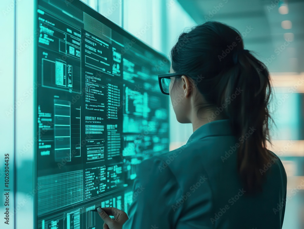A woman analyzes data on a large digital screen, showcasing a modern, tech-oriented workspace with a focus on analytics and insights. A woman analyzes data on a large digital screen, showcasing a modern, tech-oriented workspace with a focus on analytics and insights.