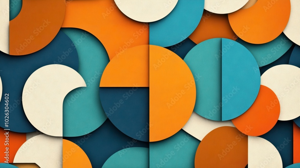 Abstract geometric pattern with colorful overlapping circles in orange, teal, and cream tones. The composition creates a vibrant and dynamic visual effect with layered shapes. Abstract geometric pattern with colorful overlapping circles in orange, teal, and cream tones. The composition creates a vibrant and dynamic visual effect with layered shapes.