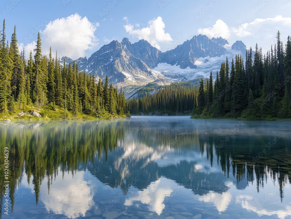 A serene lake reflects majestic mountains and lush forests under a clear blue sky, capturing the essence of nature's beauty. A serene lake reflects majestic mountains and lush forests under a clear blue sky, capturing the essence of nature's beauty.