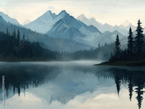 A tranquil mountain landscape reflecting in a calm lake surrounded by dense forests and misty mountains in the background.