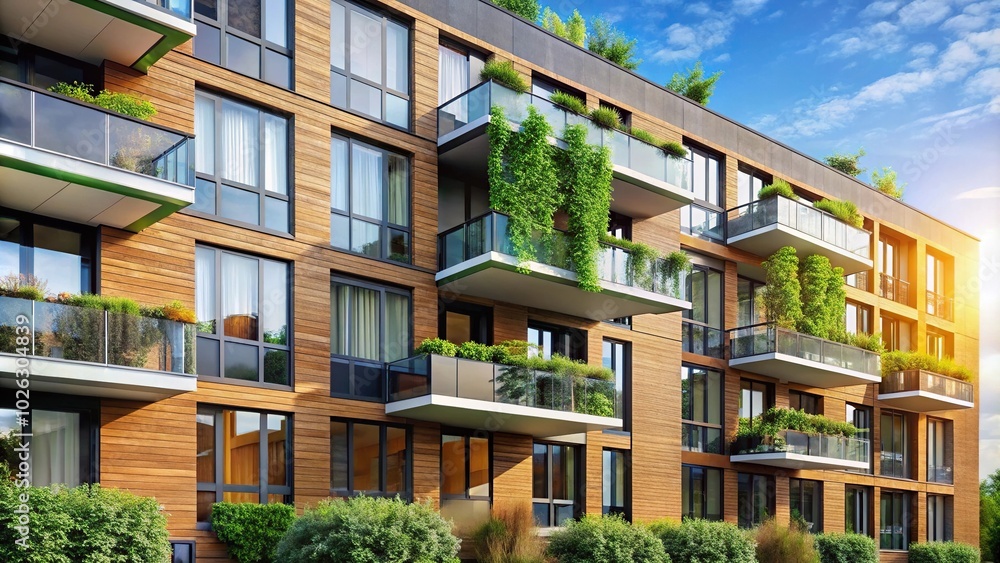 Obraz premium Modern apartment building exterior with plant-filled windows in forced perspective view