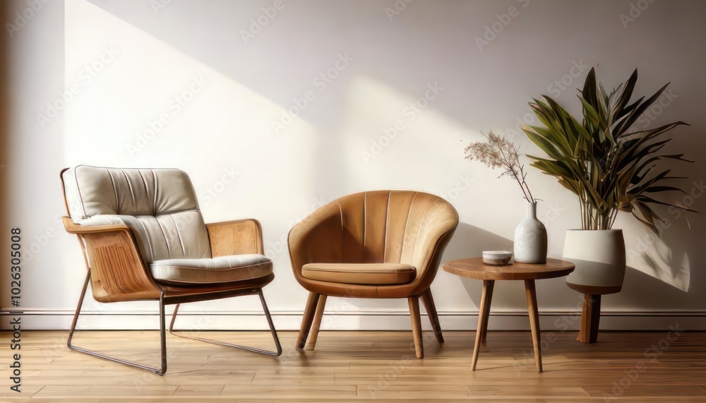 Obraz premium A mid-century modern chair, a small round coffee table, and space for additional graphic designs