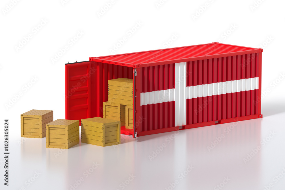Freight Transportation from Denmark, Shipment and Shipping Concept, Open Cargo Container with Flag of Denmark Full of Wooden Boxes Isolated on White Background, 3d Rendering