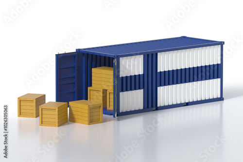 Cargo Container with Open Doors and Finland National Flag Design. Wooden Boxes Stack Isolated on White Background. 3d Rendering