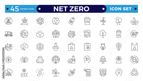 Net zero nature Outline icon natural environment Carbon neutral and net zero concept greenhouse gas emissions Green energy, CO2 neutral, gas emissions, climate, ecology. Editable stroke outline icon.