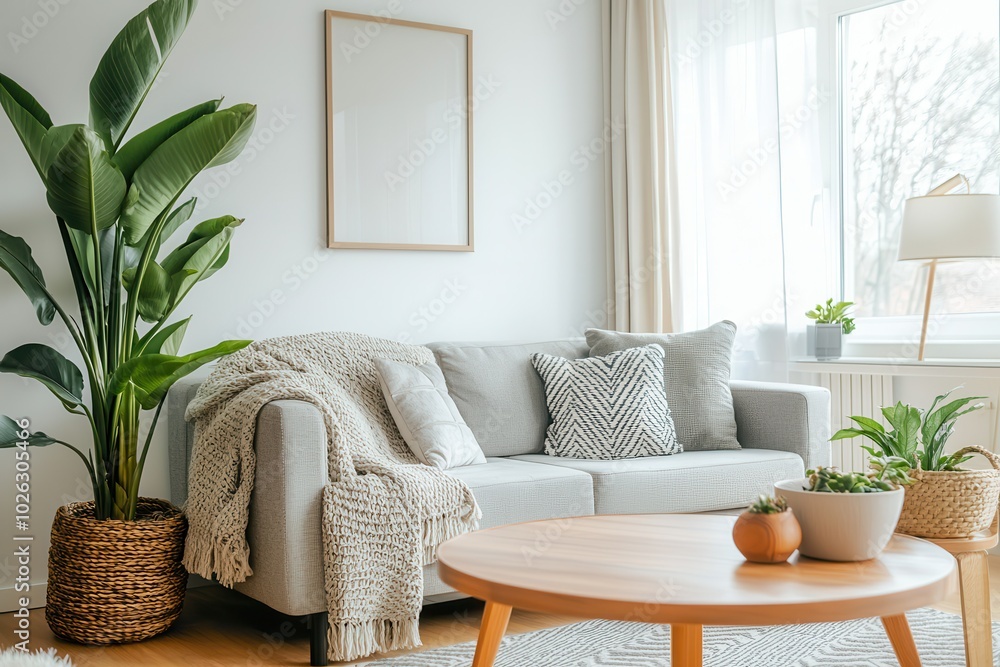 A cozy living room featuring a grey sofa, decorative pillows, plants, and a round wooden coffee table, creating a modern and inviting atmosphere. A cozy living room featuring a grey sofa, decorative pillows, plants, and a round wooden coffee table, creating a modern and inviting atmosphere.