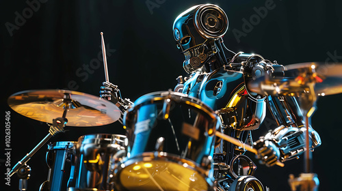 A chrome robot plays the drums with a cymbal and sticks. photo