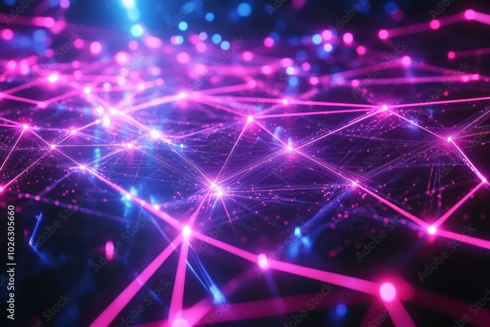Abstract digital network with glowing lines and dots in pink and blue colors on a dark background. Abstract digital network with glowing lines and dots in pink and blue colors on a dark background.