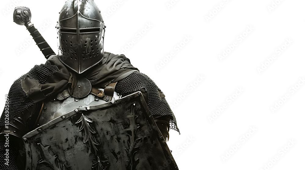 Fototapeta premium Dark knight in full armor holding a sword and shield.