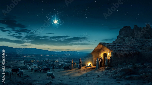 serene depiction of birth of Jesus, showcasing humble stable under starry night sky. scene includes shepherds, sheep, and warm glow from stable, evoking sense of peace and wonder