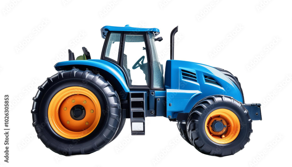 A bright blue toy tractor with large wheels against on transparent background A bright blue toy tractor with large wheels against on transparent background