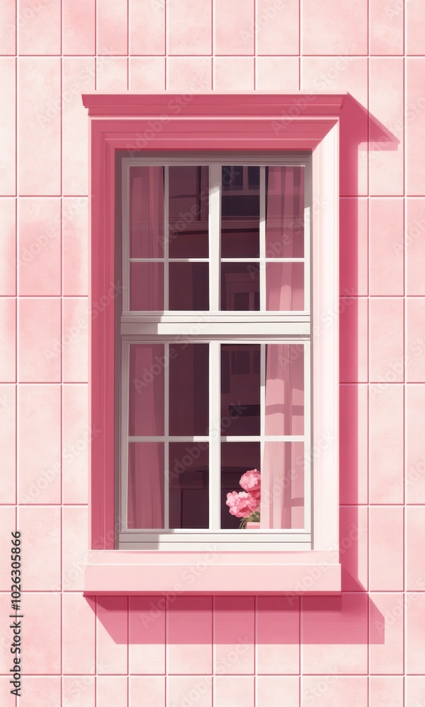 Fototapeta premium Minimalistic pink pastel window with curtains and flowers, highlighting simple elegance and a soft, calm atmosphere
