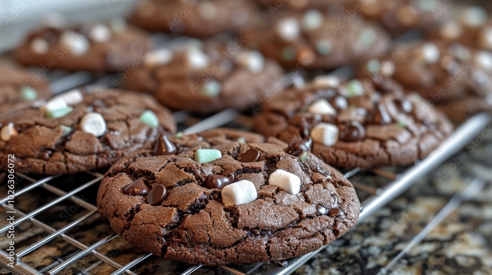 Chocolate cookies with chocolate chips and marshmallows on a cooling rack. Chocolate cookies with chocolate chips and marshmallows on a cooling rack.