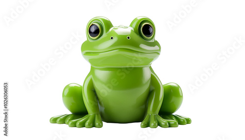A bright green toy frog sitting on transparent background