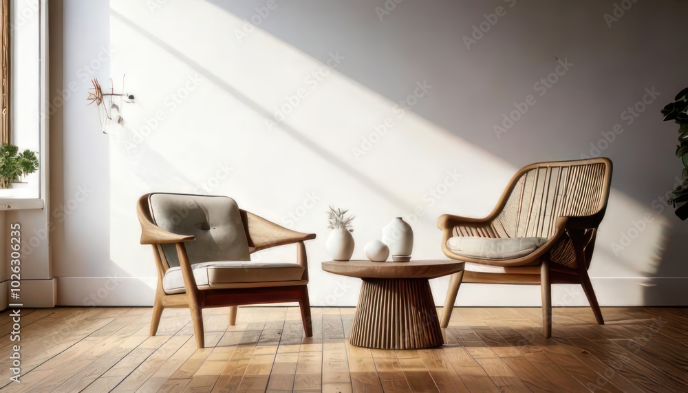 Fototapeta premium A mid-century modern chair, a small round coffee table, and space for additional graphic designs