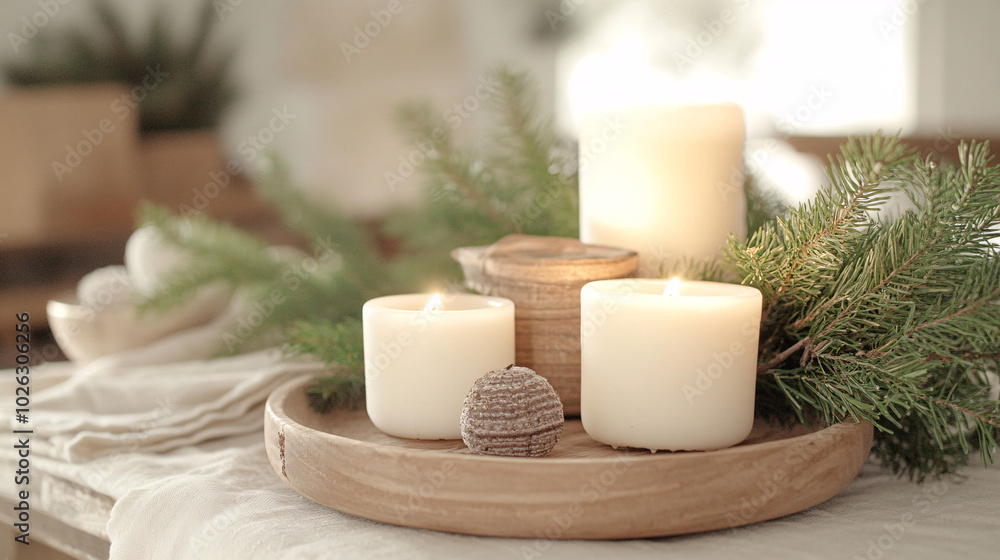 Cozy Winter Decor with Candles, Pine Branches and Wooden Tray Cozy Winter Decor with Candles, Pine Branches and Wooden Tray