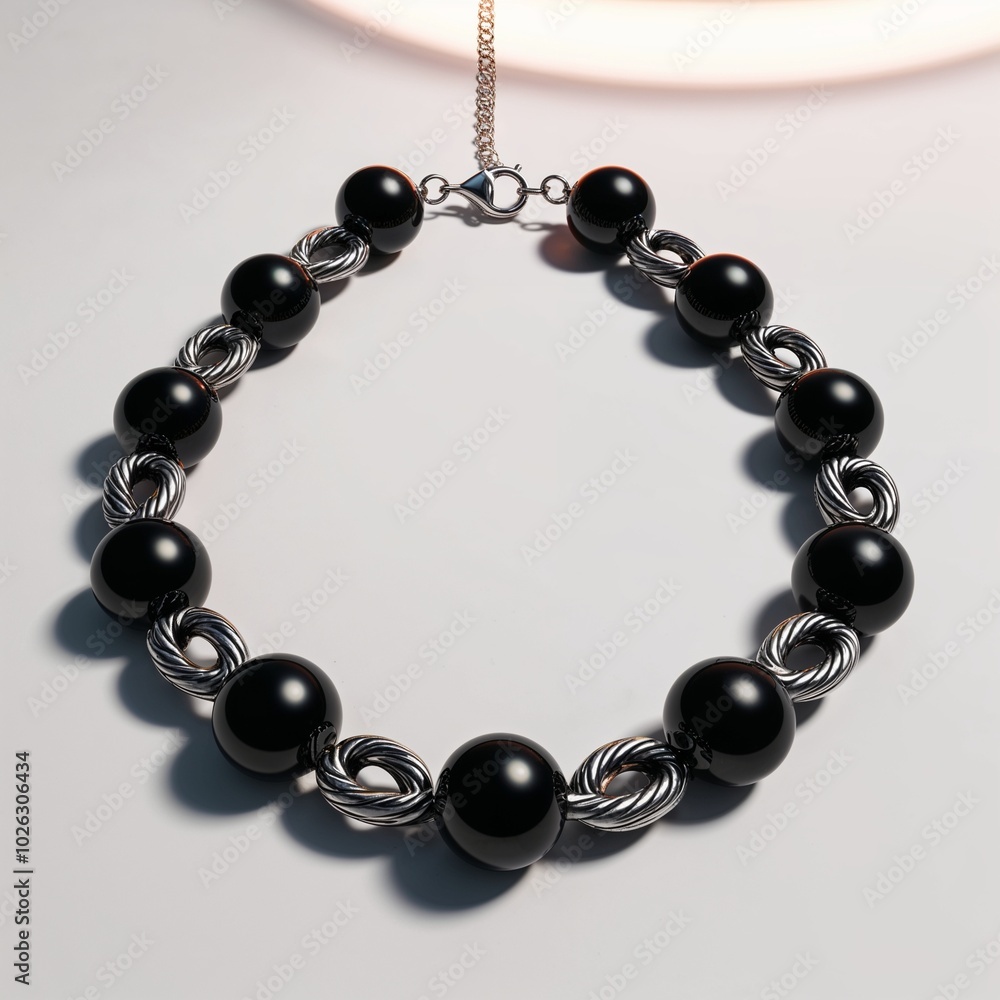 Fototapeta premium Oxidized silver chain with onyx beads bold and mysterious