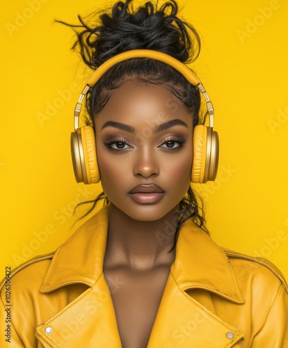 Very elegant african american woman, front view, yellow background, using wireless golden headphones, yellow leather jacket on a yellow background
