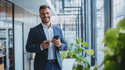 A man in a suit holding a cell phone in front of a plant photo