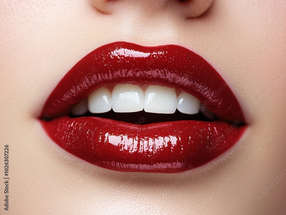 Obraz premium A detailed close-up of a woman's red lips slightly parted, revealing teeth, isolated on white background 