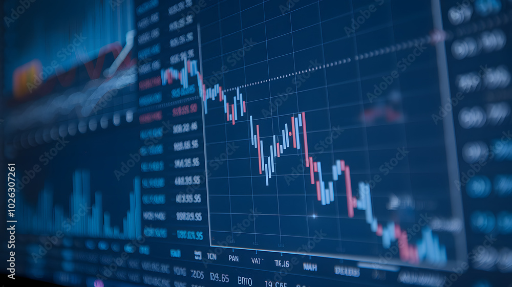 Close-up of digital screen showing downward-trending line graph, symbolizing rate cut in financial markets, economic adjustment concept. Close-up of digital screen showing downward-trending line graph, symbolizing rate cut in financial markets, economic adjustment concept.