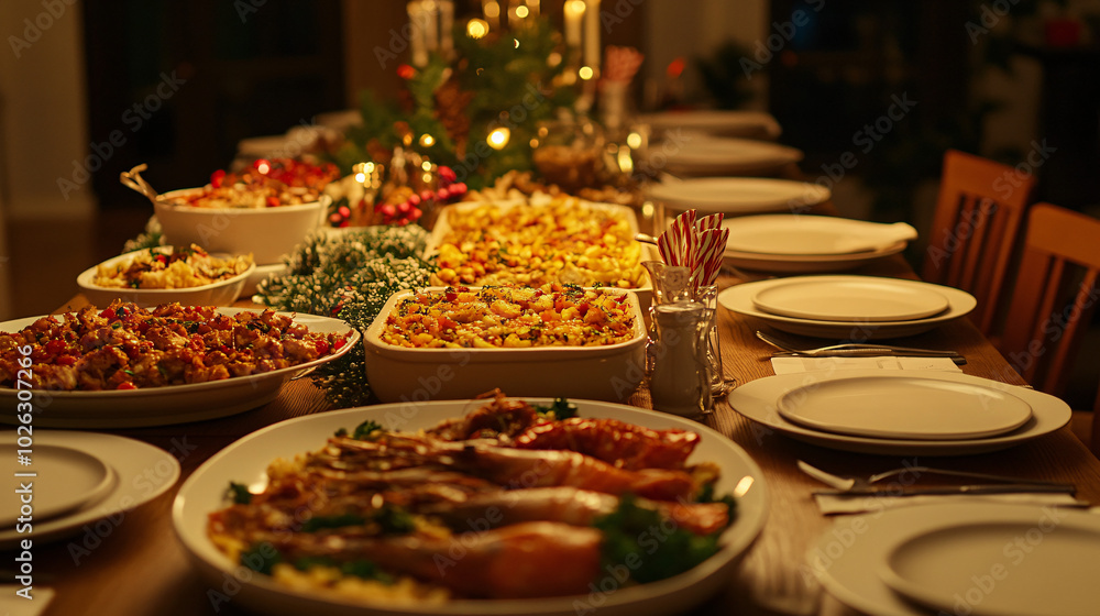 Festive Christmas Dinner Table Setting with Delicious Dishes Festive Christmas Dinner Table Setting with Delicious Dishes