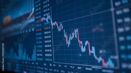 Close-up of digital screen showing downward-trending line graph, symbolizing rate cut in financial markets, economic adjustment concept.