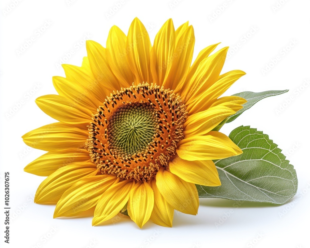 Fototapeta premium A detailed close-up of a yellow sunflower with visible texture in the petals and seeds, isolated on white background