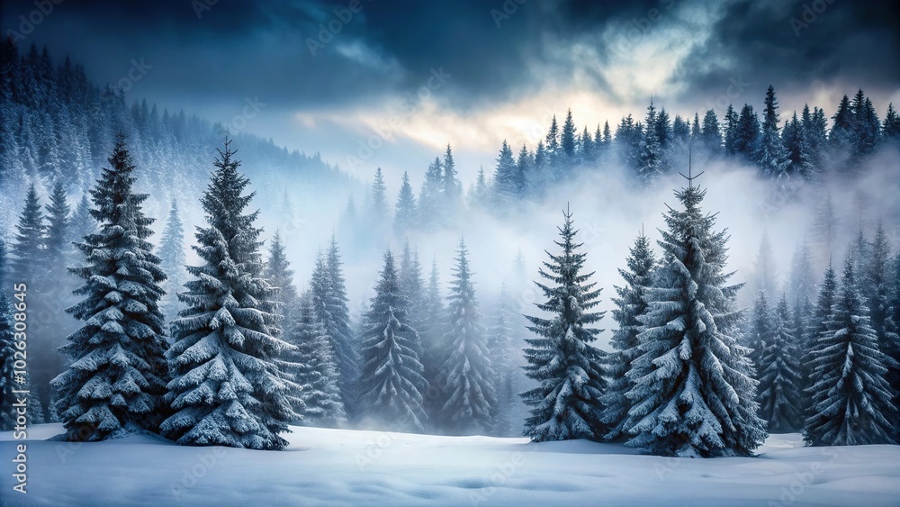 Moody winter scenery with snow-covered fir trees in fog Moody winter scenery with snow-covered fir trees in fog