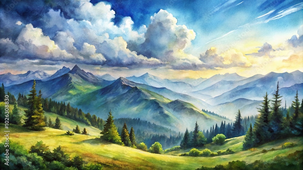 Mountain landscape painting with cloudy sky in watercolor technique Mountain landscape painting with cloudy sky in watercolor technique