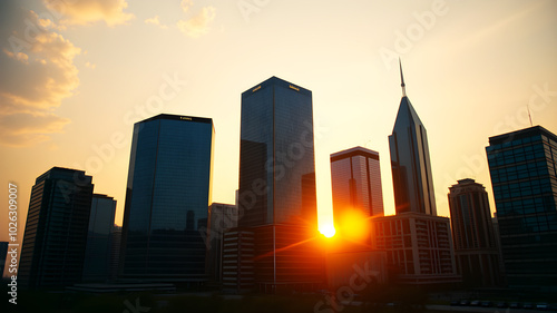 Corporate Skyline featuring tall glass buildings at sunset