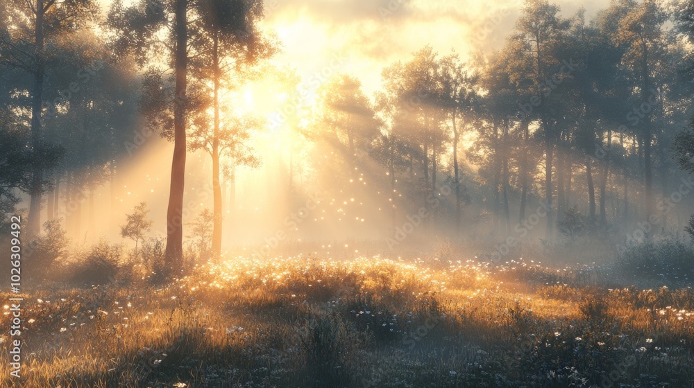 Obraz premium Golden Sunlight Filtering Through a Misty Forest Clearing
