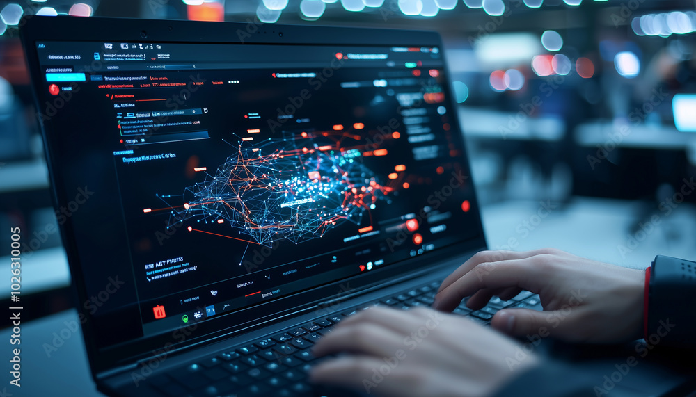 close up of laptop screen displaying complex data visualization with interconnected nodes and lines, showcasing technology and digital communication. scene evokes sense of innovation and modernity close up of laptop screen displaying complex data visualization with interconnected nodes and lines, showcasing technology and digital communication. scene evokes sense of innovation and modernity