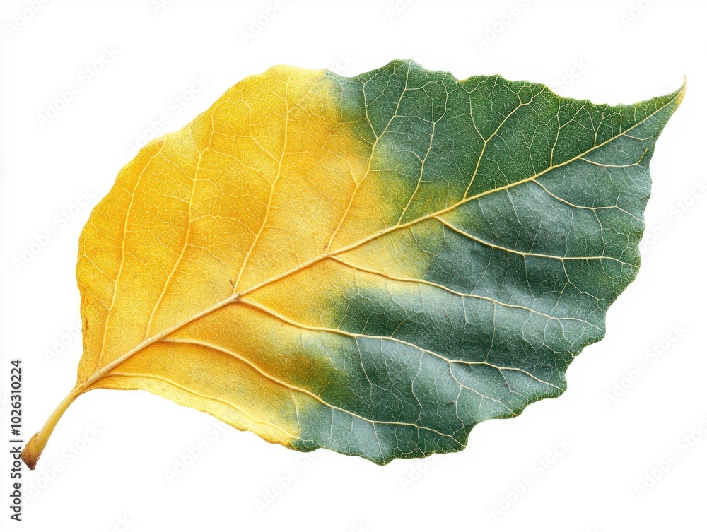 Fototapeta premium A yellow tulip poplar leaf with a broad base and prominent lobes, isolated on white background