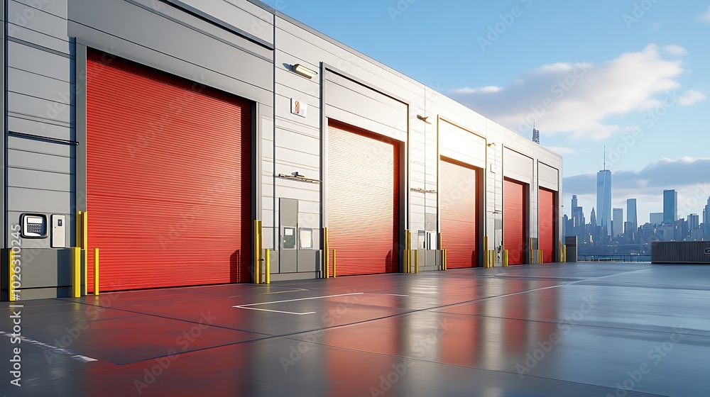 Modern Fire Station with Red Garage Doors: A sleek, modern fire station with large red garage doors and glass windows, reflecting the surrounding cityscape. Modern Fire Station with Red Garage Doors: A sleek, modern fire station with large red garage doors and glass windows, reflecting the surrounding cityscape.
