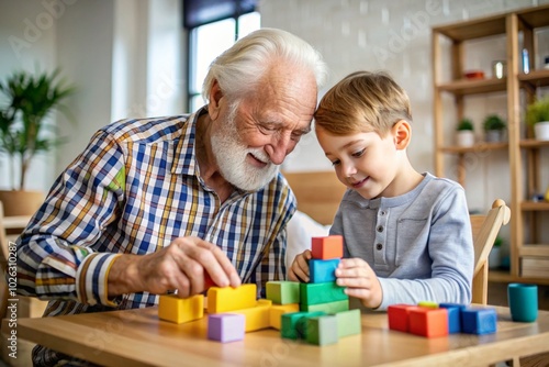 An old man and a young girl are playing with blocks