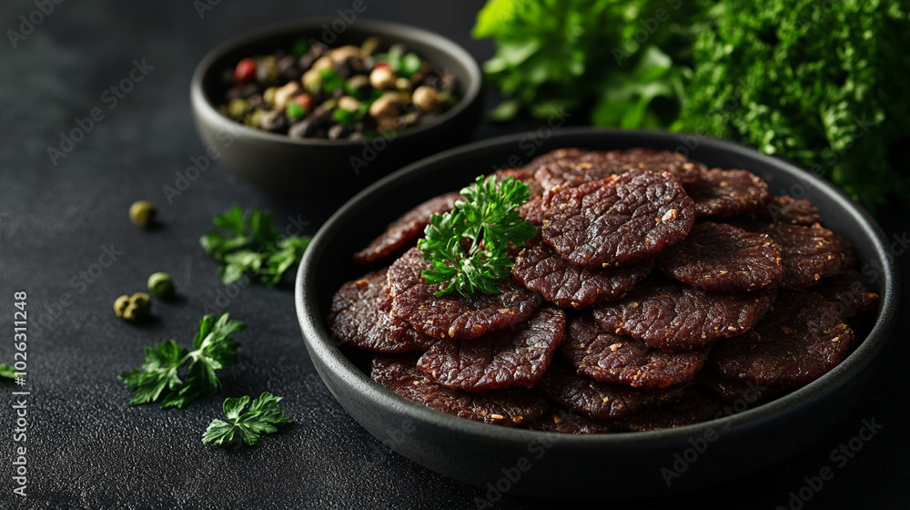 beef jerky, showcasing rich textures and vibrant colors, evokes themes of rusticity, indulgence, and culinary craftsmanship, perfect for food enthusiasts and marketing beef jerky, showcasing rich textures and vibrant colors, evokes themes of rusticity, indulgence, and culinary craftsmanship, perfect for food enthusiasts and marketing