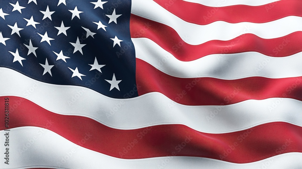 Waving flag with red and white stripes and white stars on a blue field symbolizing a nation. Waving flag with red and white stripes and white stars on a blue field symbolizing a nation.
