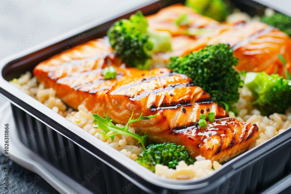 Grilled salmon with broccoli on bed of rice Grilled salmon with broccoli on bed of rice