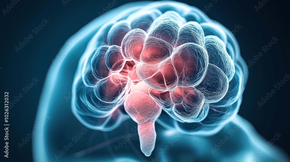 Abstract digital illustration of a human brain with neural network connections highlighted in a luminous, blue and red color scheme. Abstract digital illustration of a human brain with neural network connections highlighted in a luminous, blue and red color scheme.