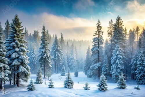 Mystical winter forest landscape with pine trees and snowy panoramic background