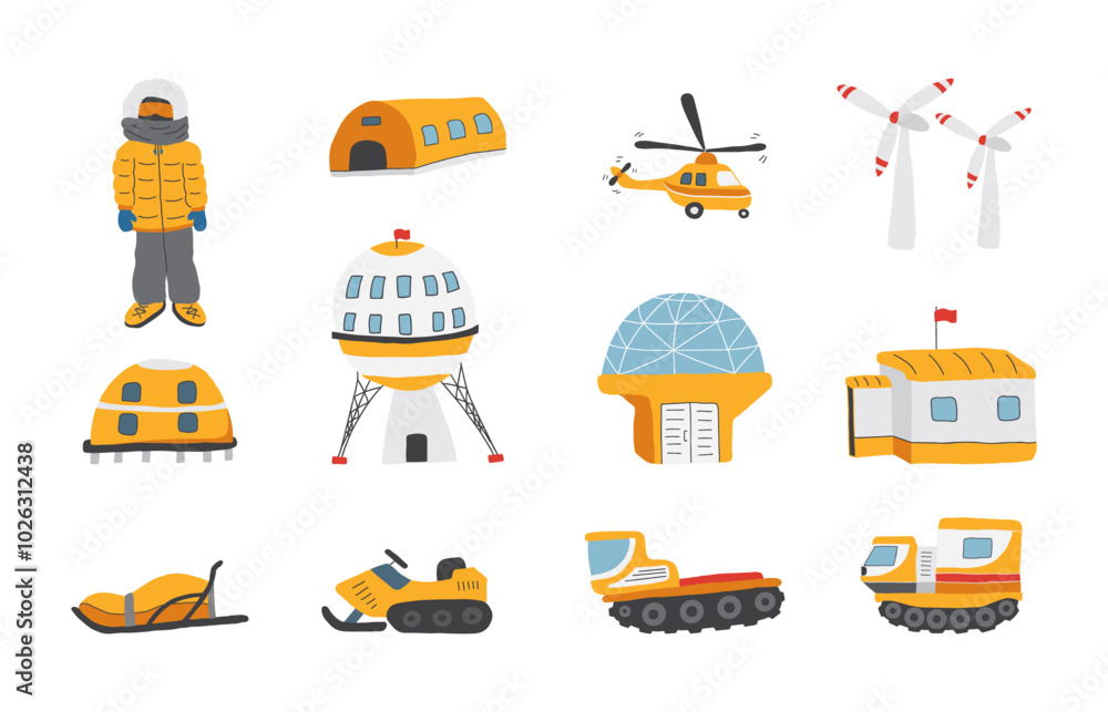 Fototapeta premium Polar station objects collection. Arctic or Antarctic expedition elements set. Vector illustration