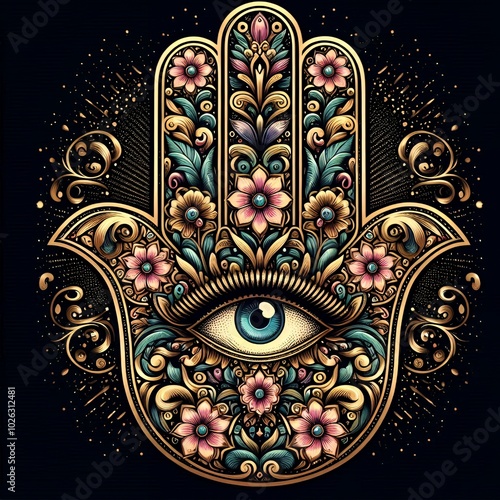 illustration ornate  hamsa hand with eye and floral pattern