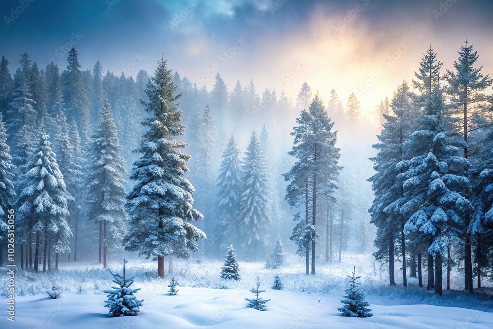 Mystical winter forest with pine trees in hazy atmosphere Mystical winter forest with pine trees in hazy atmosphere