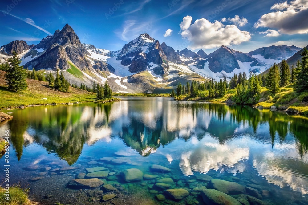 Mountain landscapes with serene lakes and snowy peaks conveying the majesty and grandeur of nature Mountain landscapes with serene lakes and snowy peaks conveying the majesty and grandeur of nature