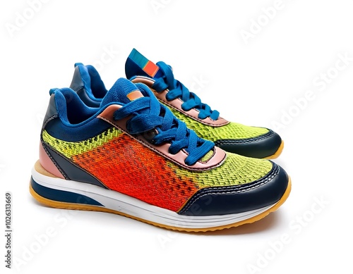 Vibrant kids' sneakers, a splash of color! Lime, orange, and blue mesh with a trendy design. Perfect for active play.