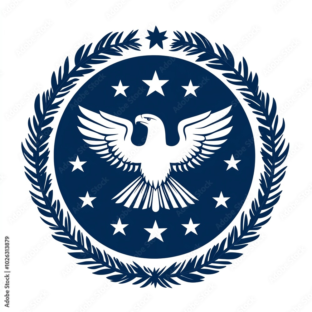 An emblem featuring a stylized eagle within a circular border, surrounded by stars and laurel leaves, symbolizing authority and unity. An emblem featuring a stylized eagle within a circular border, surrounded by stars and laurel leaves, symbolizing authority and unity.