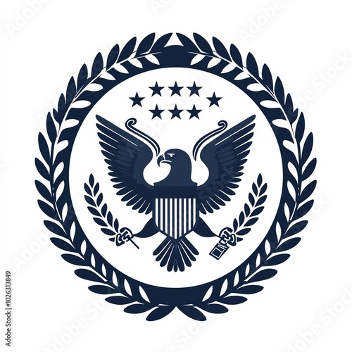 A stylized emblem featuring an eagle with a shield, flanked by olive branches, surrounded by stars and a laurel wreath, symbolizing power and authority.